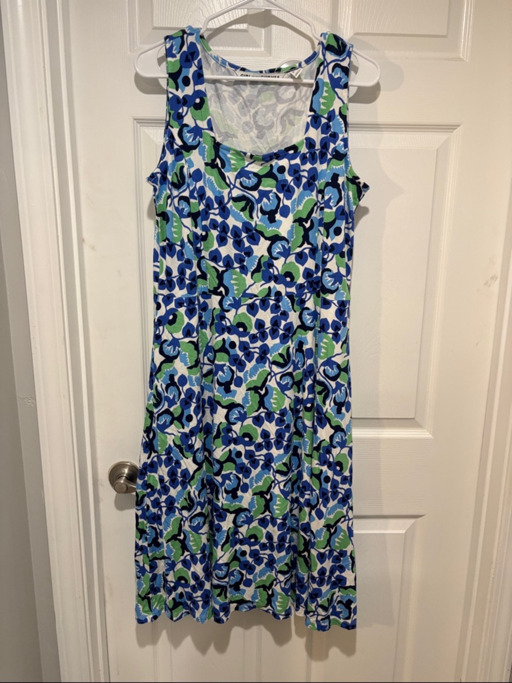 GIRL WITH CURVES Floral Blue and Green Romantic Sleeveless Dress